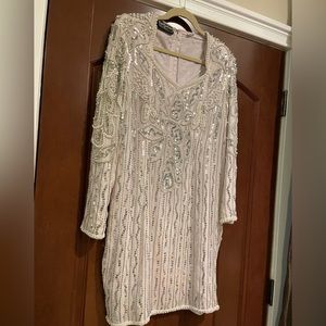 Vintage Royal Feelings Large Silk Ivory & Silver Sequin & Bead Event Dress